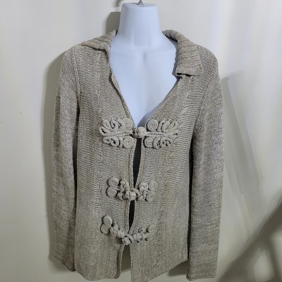 Coldwater Creek Tan Shimmer Cardigan Sweater Soutache Chunky Closure Golden Sz S - Picture 1 of 6